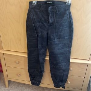 Express gray, camo cargo pants.